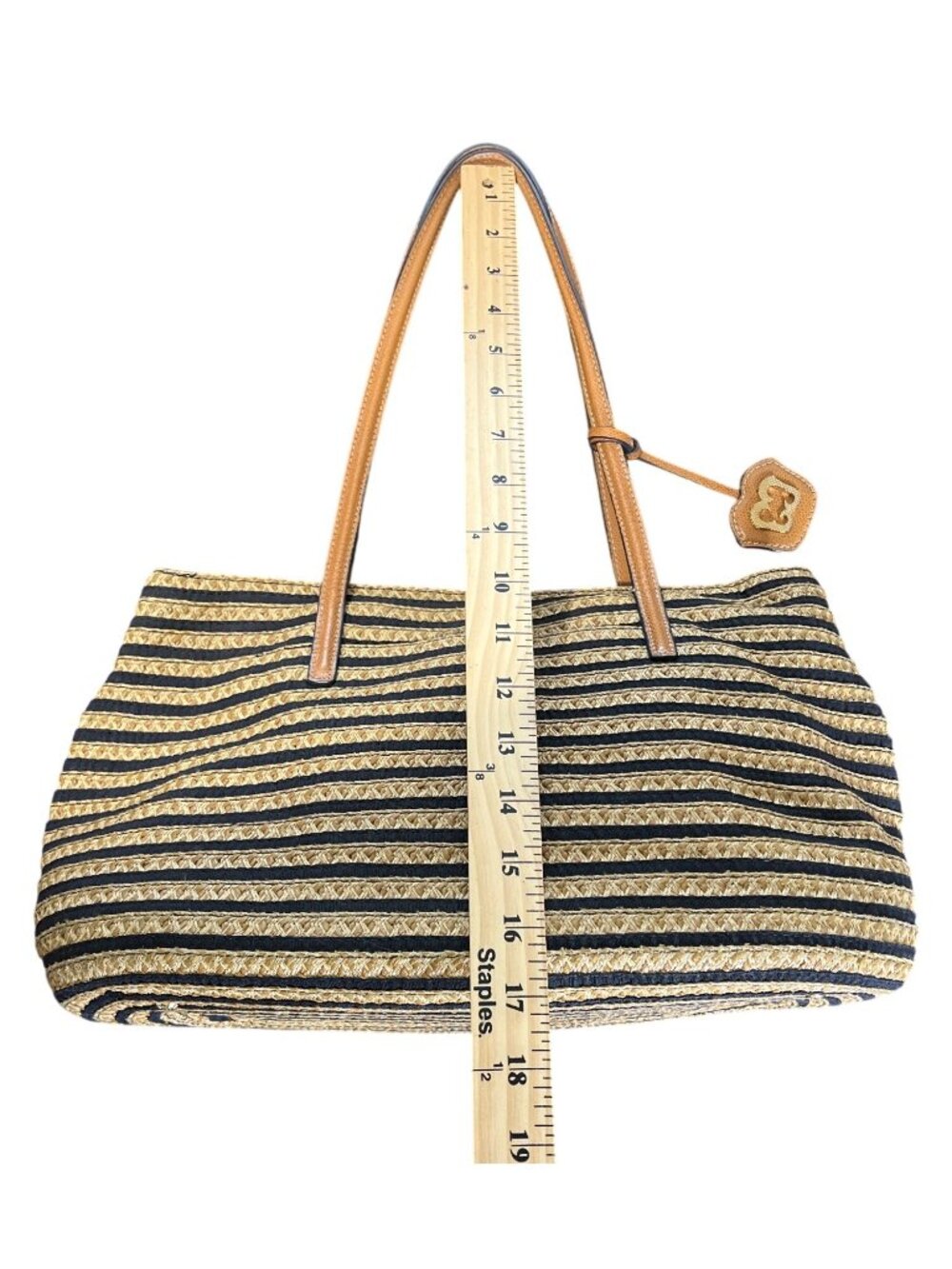 Eric Javits Striped Woven Straw Raffia Tote Bag With Leather Handles - Picture 6 of 7